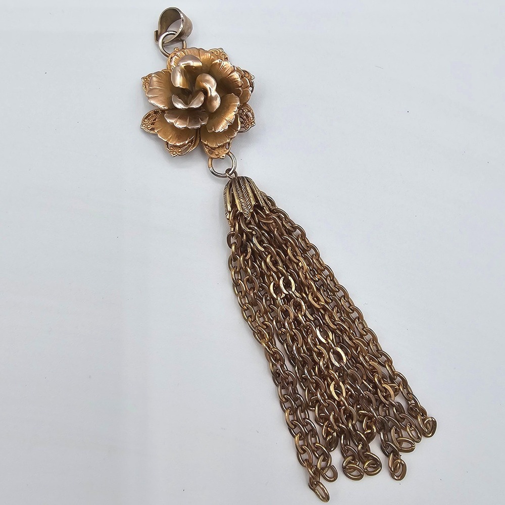 Vintage Statement Floral Rose 5" Tassel Pendant‎ Giovanni Gold Tone Chain Dangle